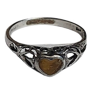 Vtg Sterling Silver Filigree Tiger Eye Heart Ring Sz 6.75